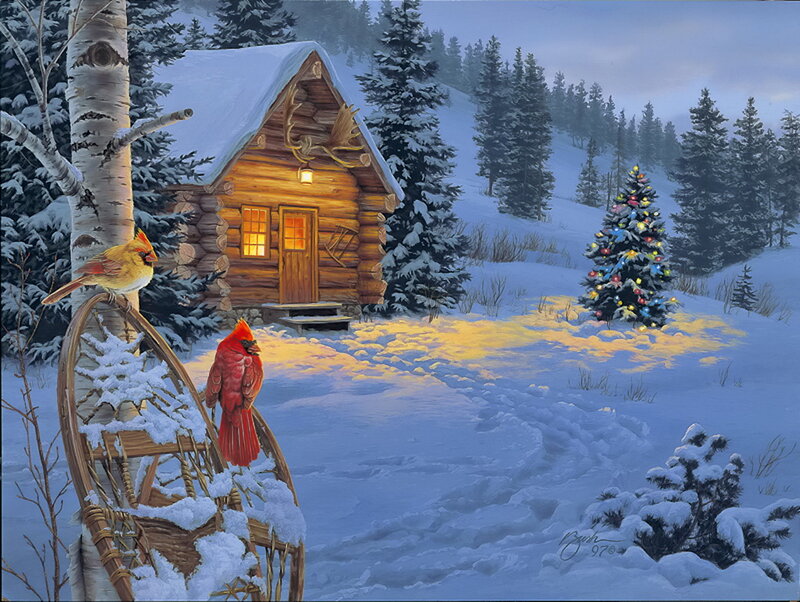 Cardinal Birds in Snow — White, Serene, Winter, Painting, Cabin