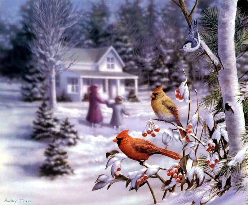 Cardinal Birds in Snow — White, Serene, Winter, Painting, Children