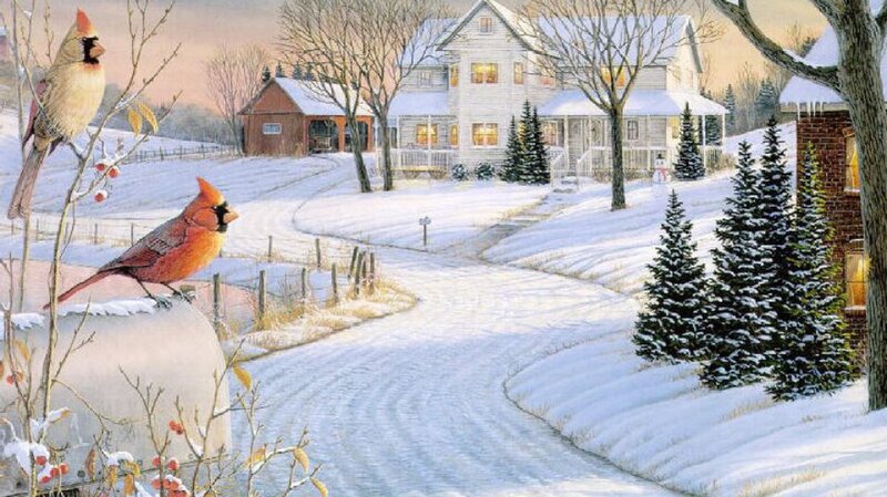 Cardinal Birds in Snow — White, Serene, Winter, Painting, House