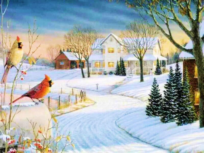 Cardinal Birds in Snow — White, Serene, Winter, Painting, House, Trees