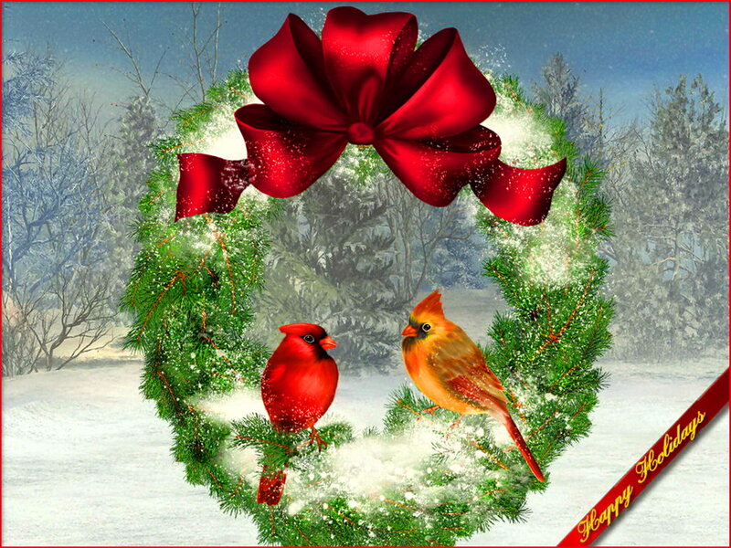 Cardinal Birds in Wreath — Red