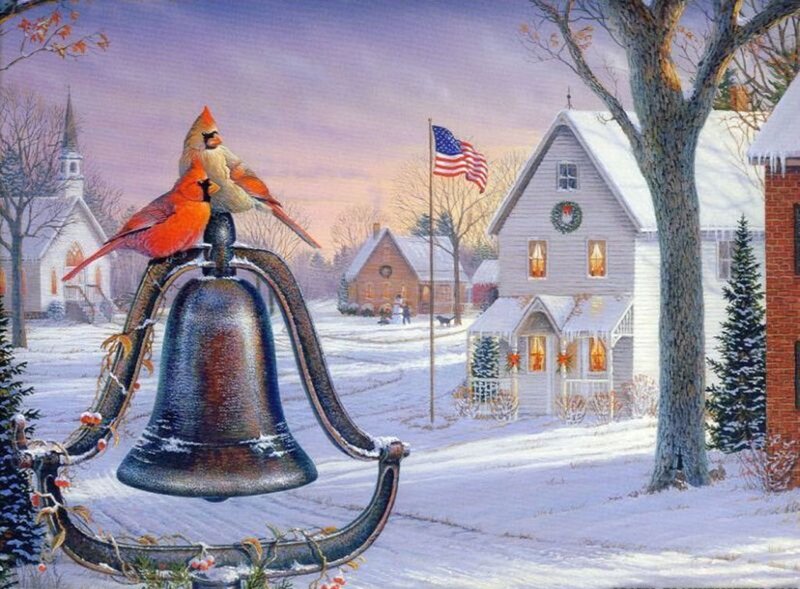 Cardinal Birds on Bell — White