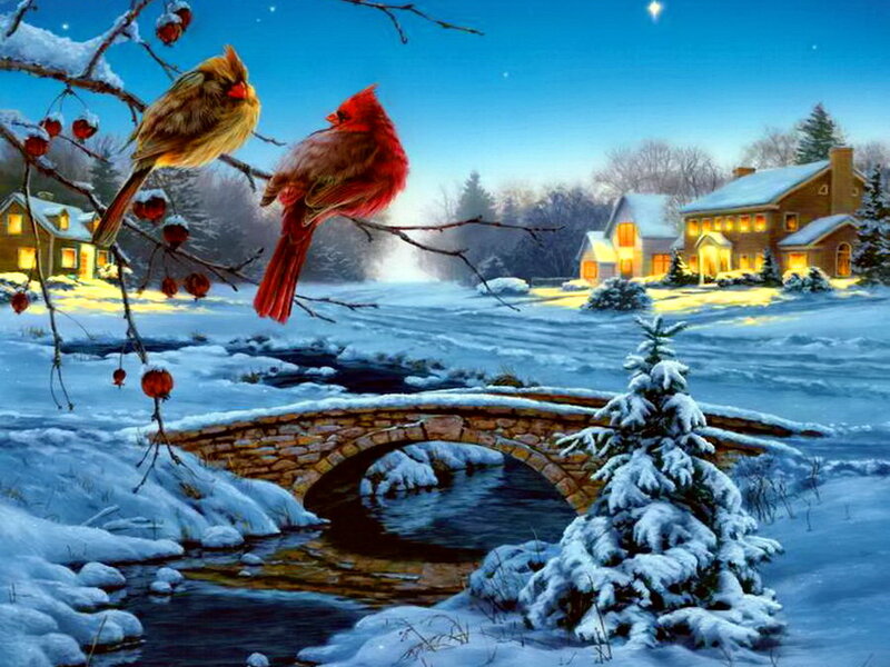 Cardinal Birds on Branch — Blue, Serene