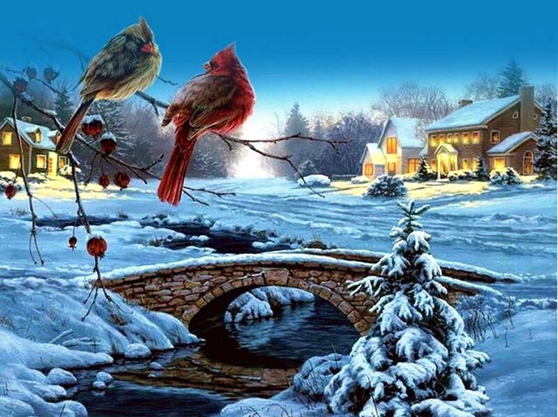 Cardinal Birds on Branch — Blue, Serene, Winter, Digital Art