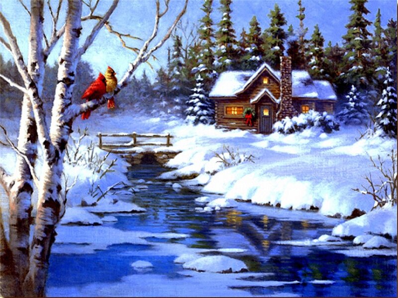 Cardinal Birds on Branch — Blue, Serene, Winter