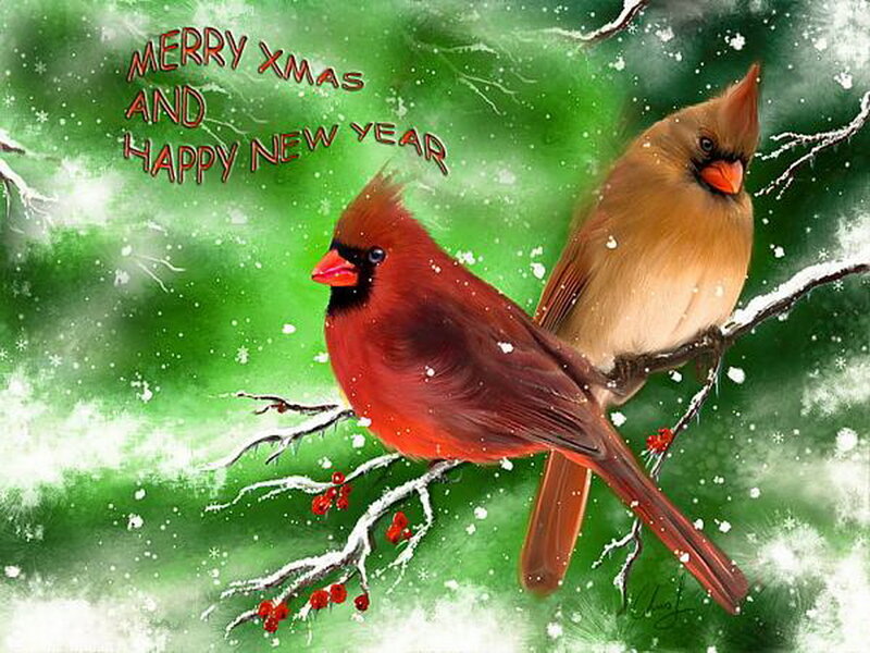 Cardinal Birds on Branch — Green