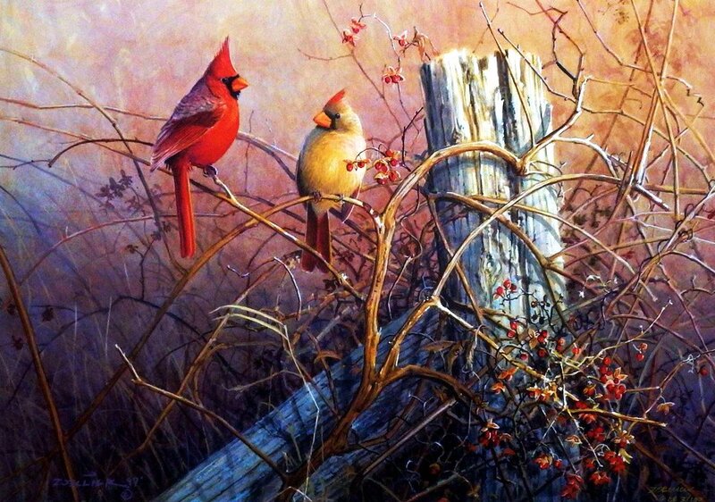 Cardinal Birds on Branch — Red, Serene, Autumn, Painting