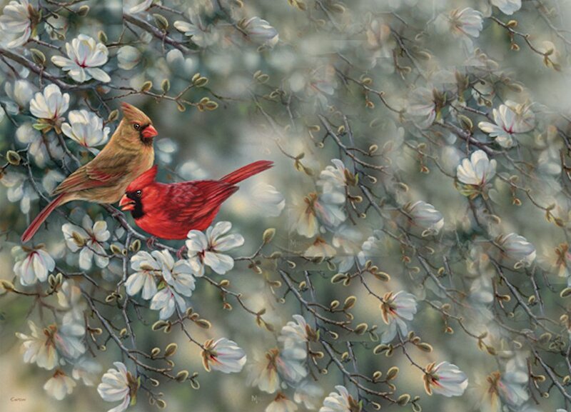 Cardinal Birds on Branch — Red, Serene, Spring, Painting