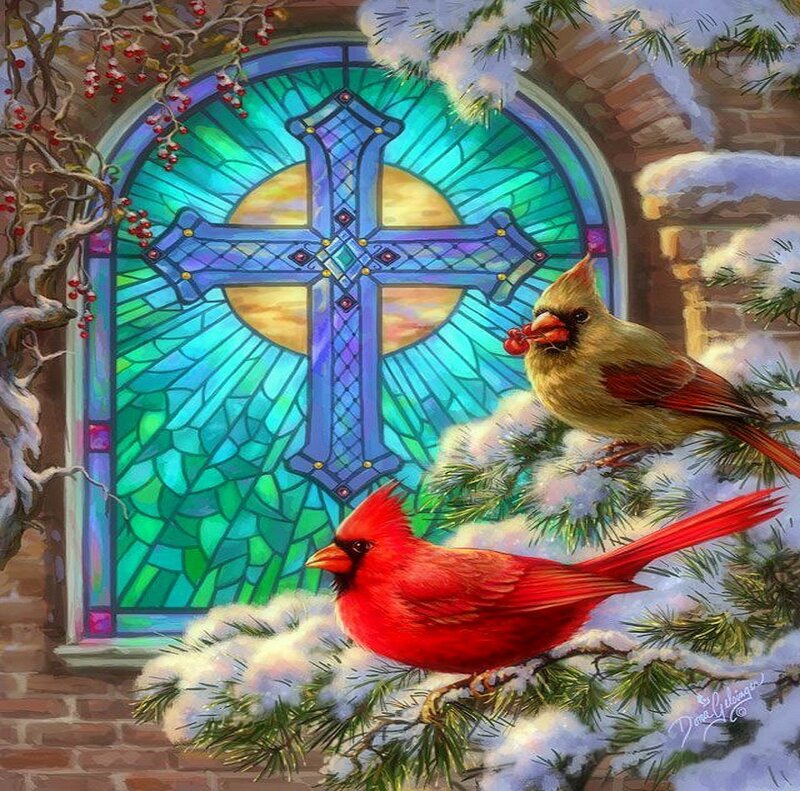 Cardinal Birds on Branch — Red, Serene, Winter, Illustration, Stained Glass Window