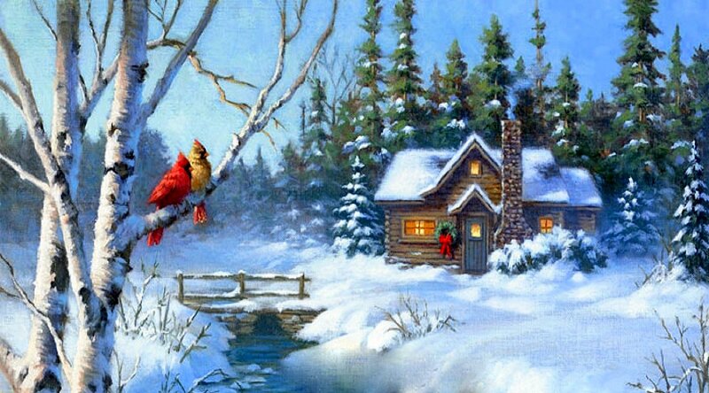 Cardinal Birds on Branch — White, Serene