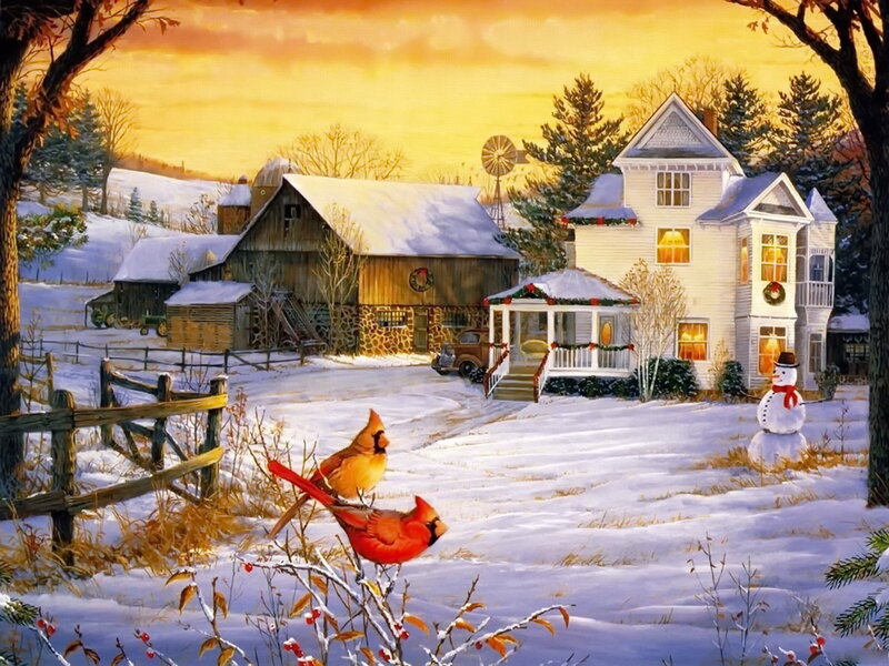 Cardinal Birds on Branch — White