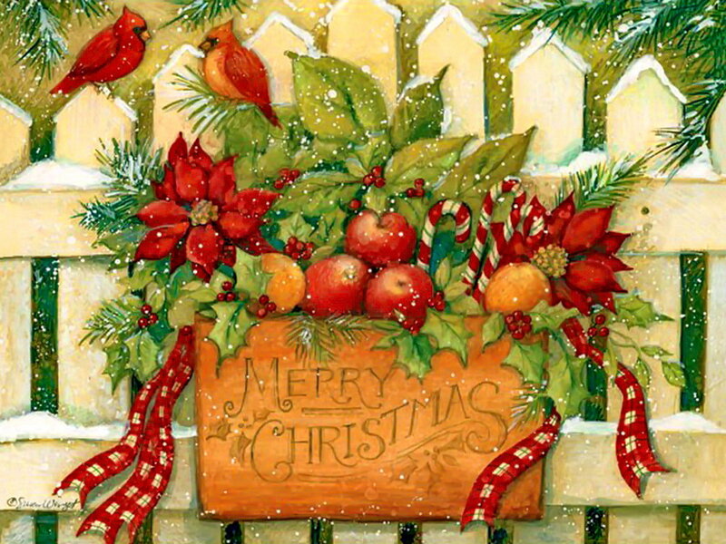 Cardinal Birds on Fence — Red, Festive