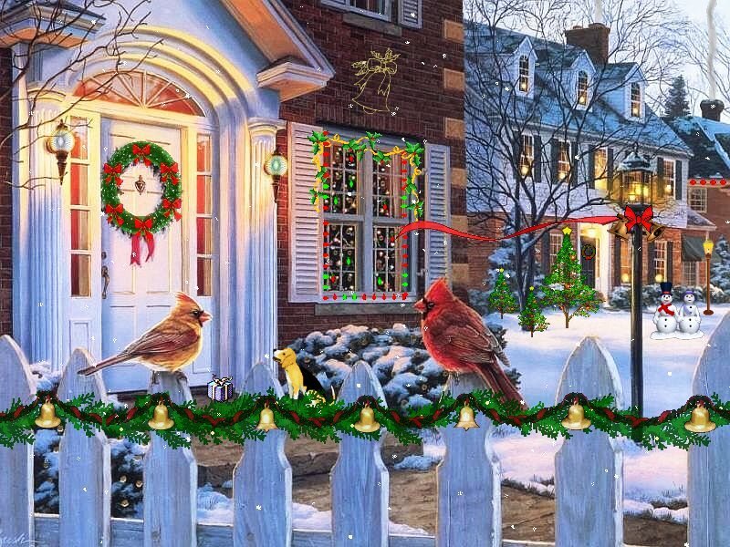 Cardinal Birds on Fence — White, Festive