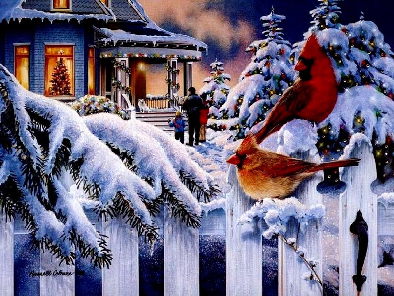 Cardinal Birds on Fence — White, Festive, Winter, Painting