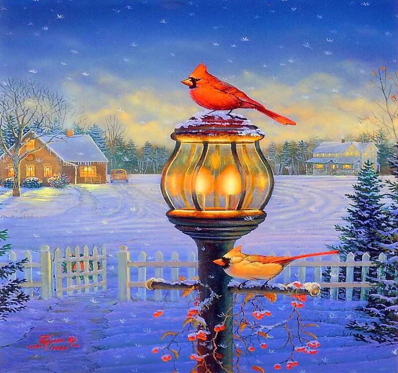 Cardinal Birds on Lamp Post