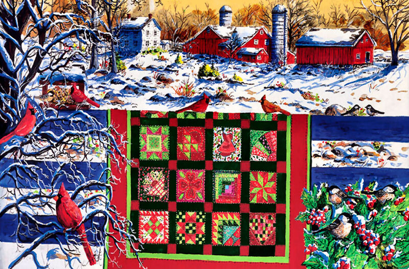 Cardinal Birds on Quilt — Red