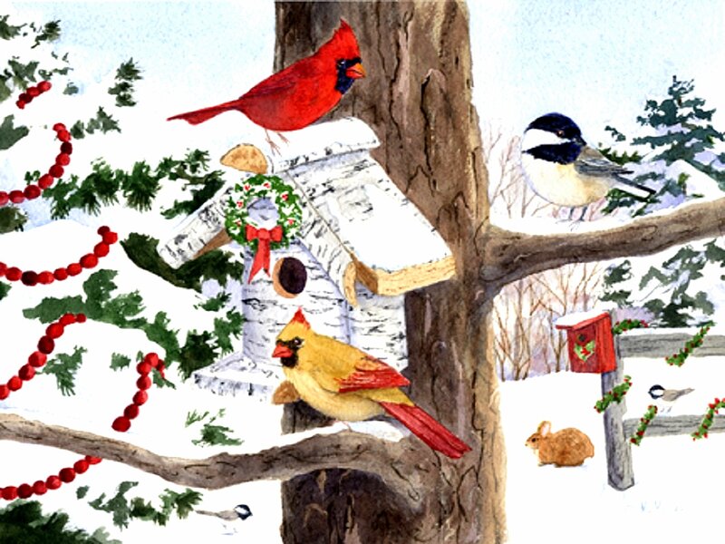Cardinals and Chickadees — Red