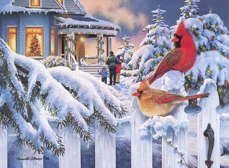 Cardinals on a snowy fence