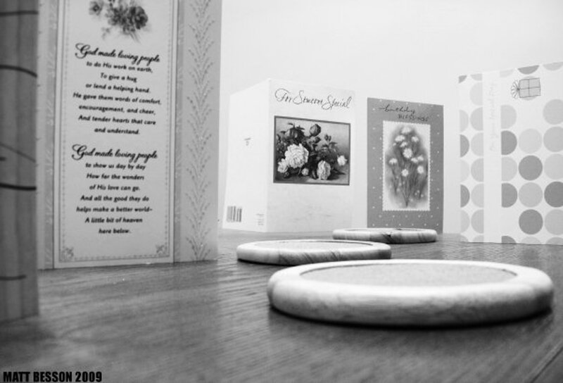 Cards and coasters on a table
