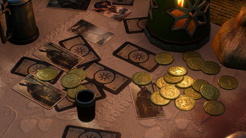 Cards and Coins on Table