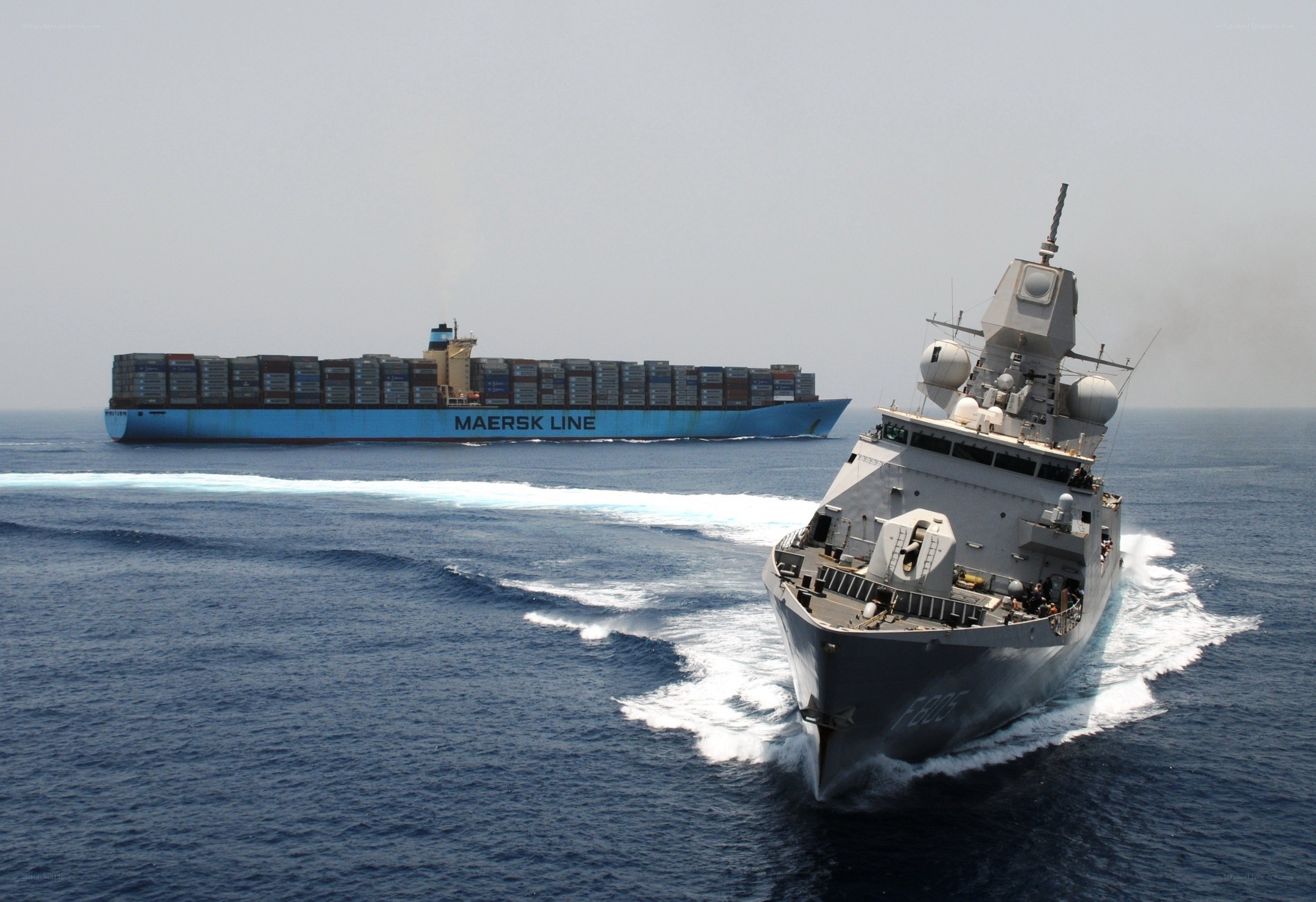 Cargo ship and naval vessel at sea