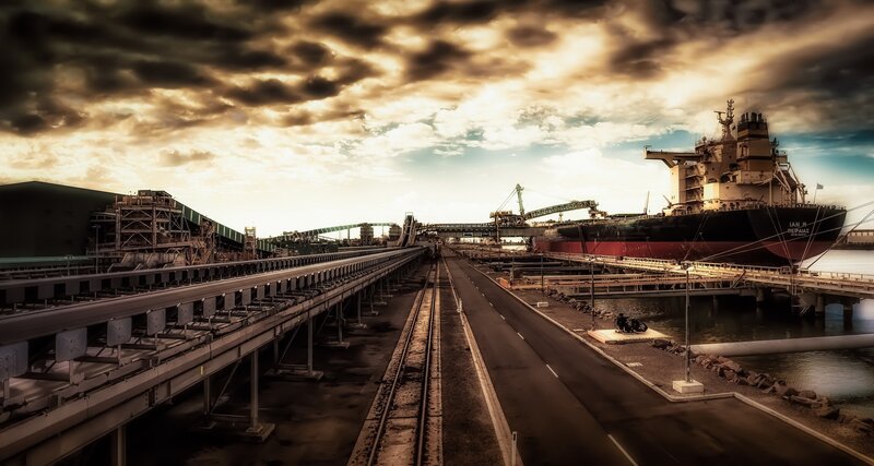 Cargo Ship at Port — Brown