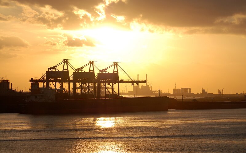 Cargo Ship at Port — Orange