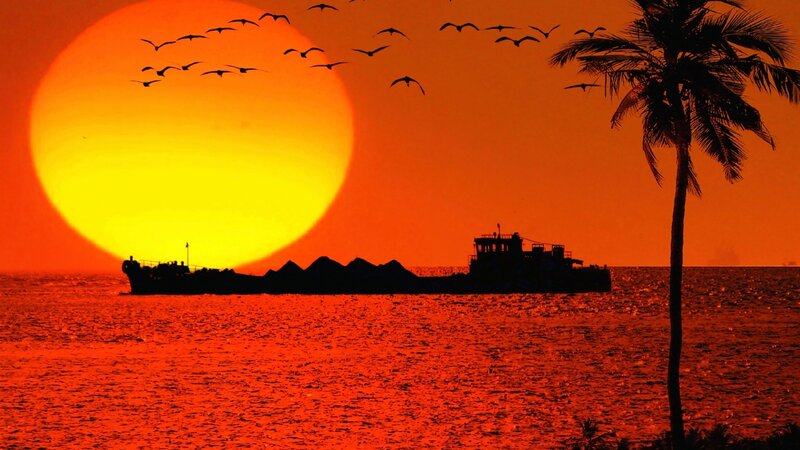 Cargo Ship at Sunset — Orange