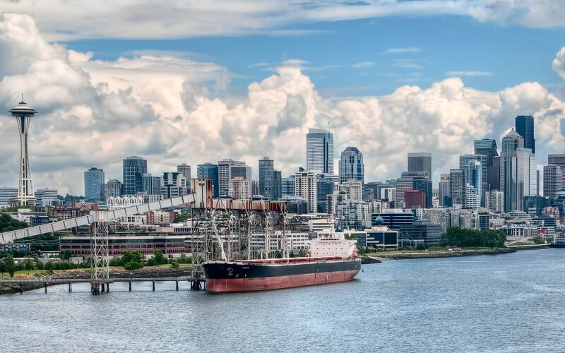 Cargo Ship in Harbor — Blue, Dramatic