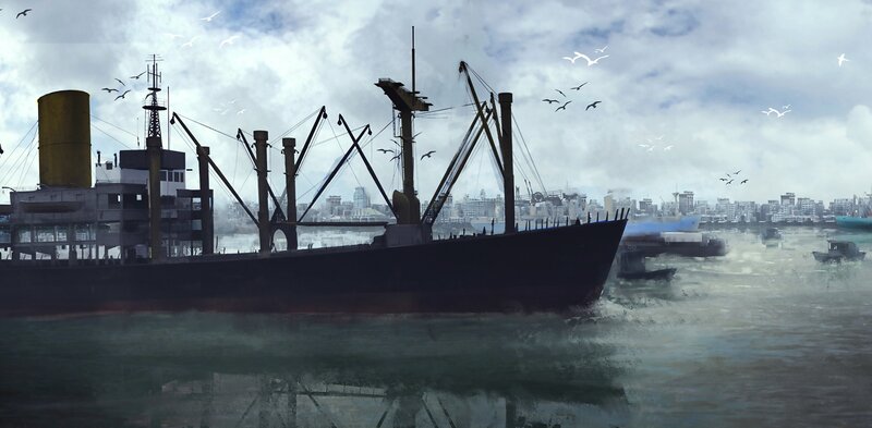 Cargo Ship in Harbor — Gray, Dramatic