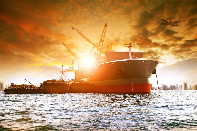Cargo Ship in Harbor — Orange