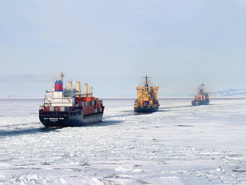 Cargo ship in icy waters