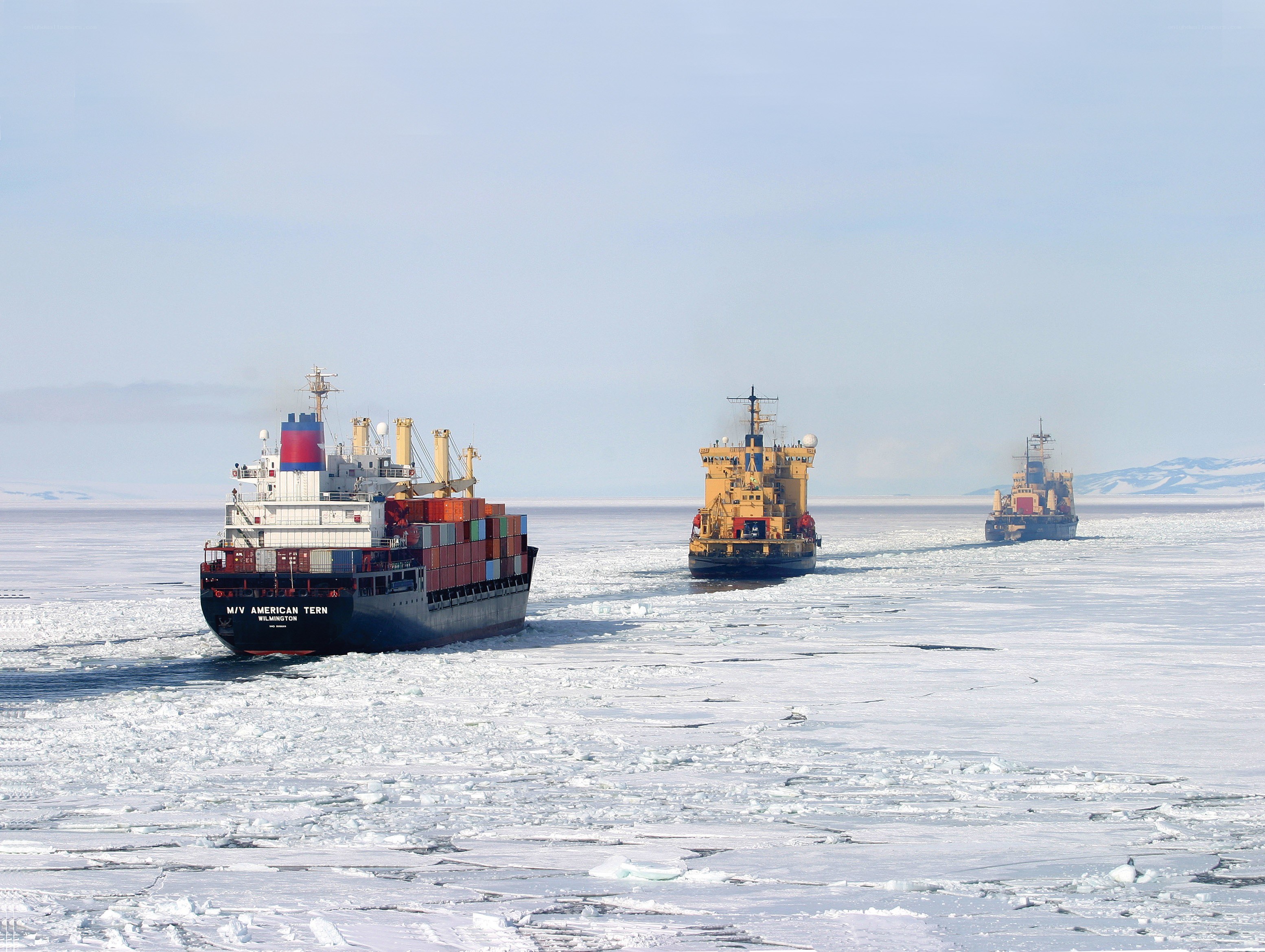 Cargo ship in icy waters