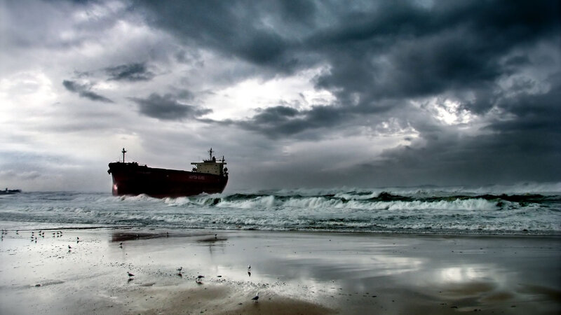 Cargo Ship on Beach — Gray