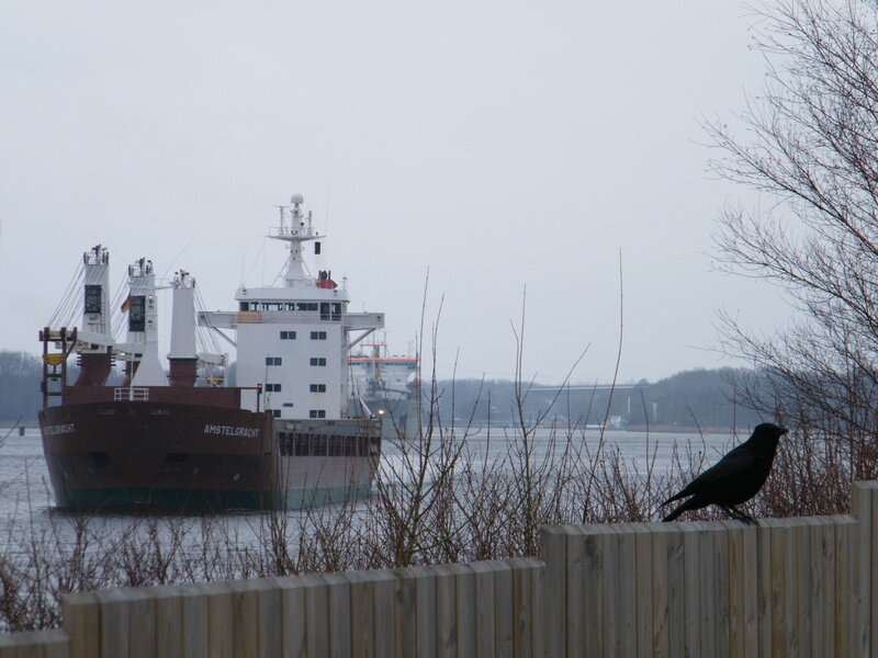 Cargo Ship on River — Gray