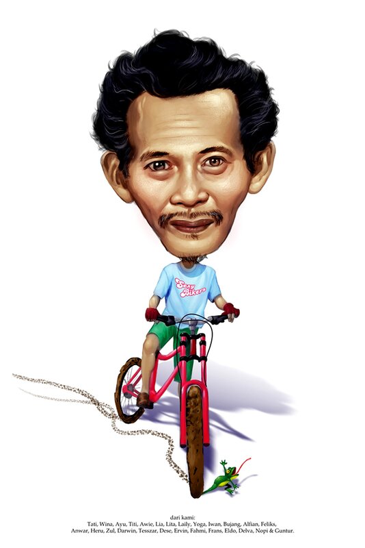 Caricature of man on bicycle
