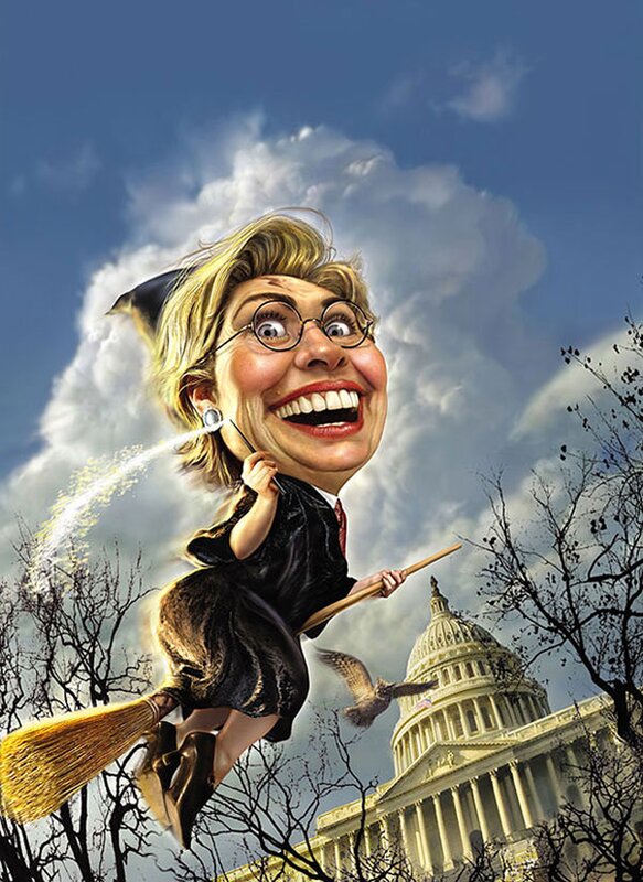 Caricature of woman on broomstick