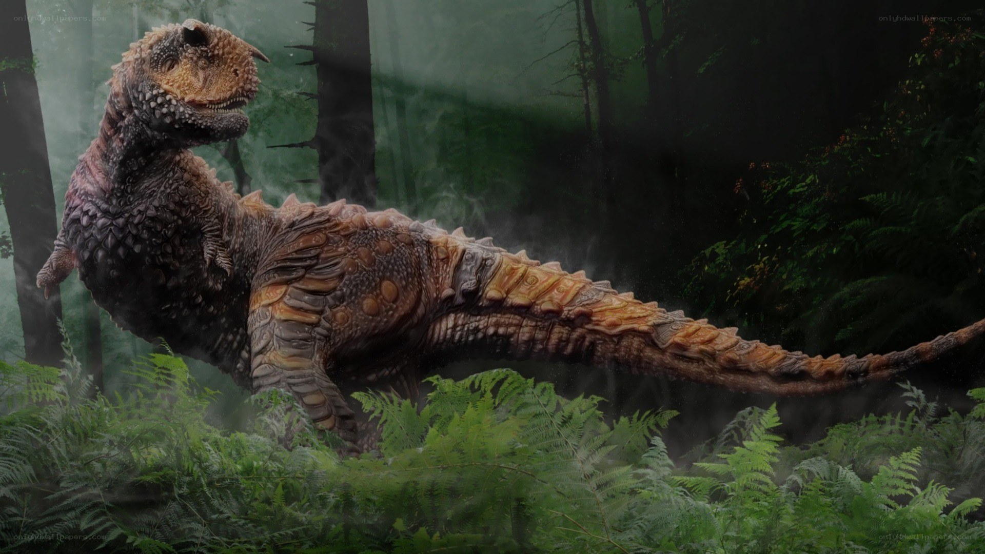 Carnotaurus in prehistoric forest