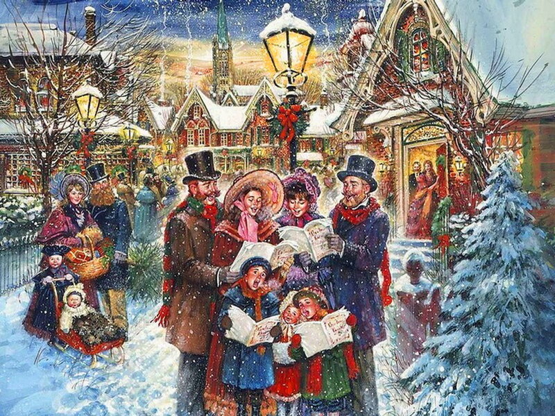 Carolers in Snow — White, Festive