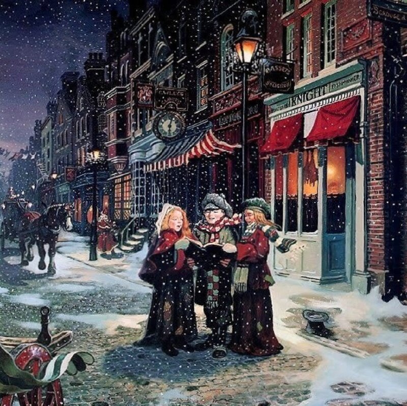 Carolers on Snowy Street — Red