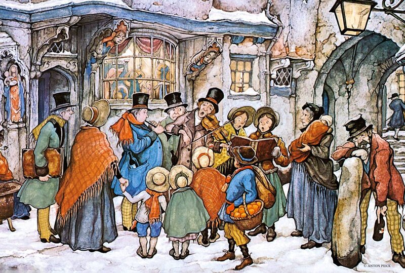 Carolers on Snowy Street