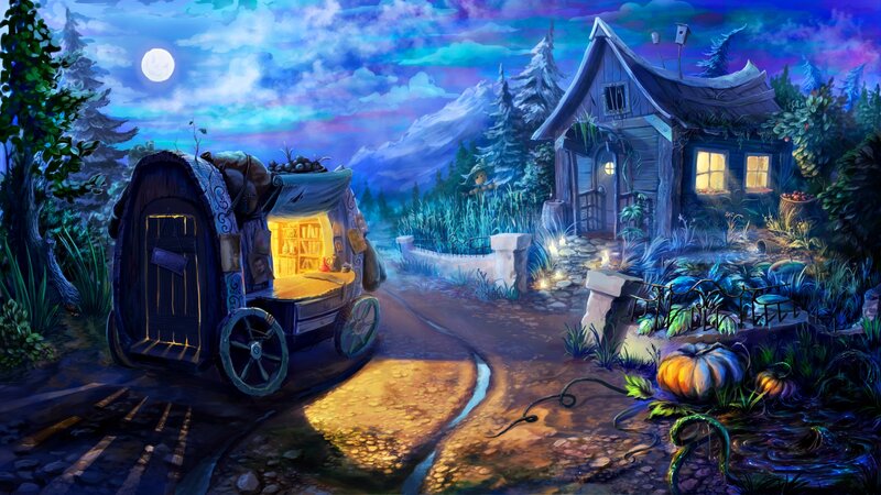 Carriage and Cottage at Night