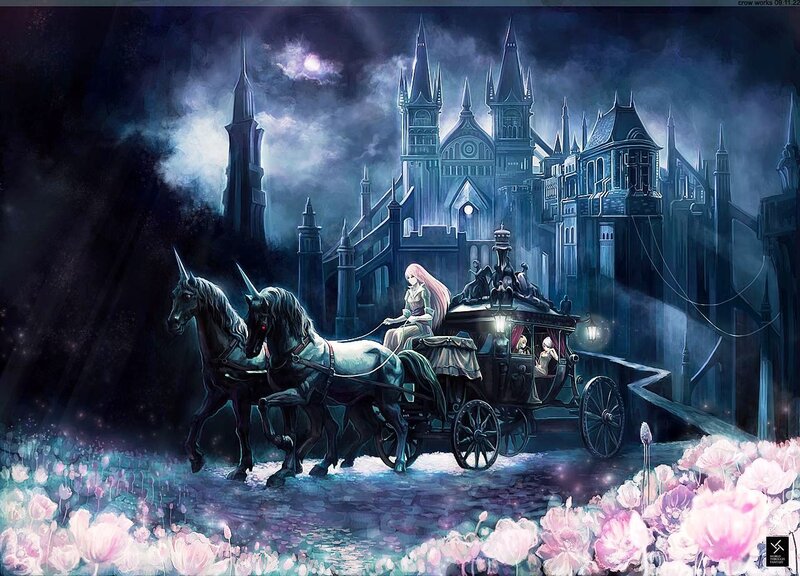 Carriage at a castle at night