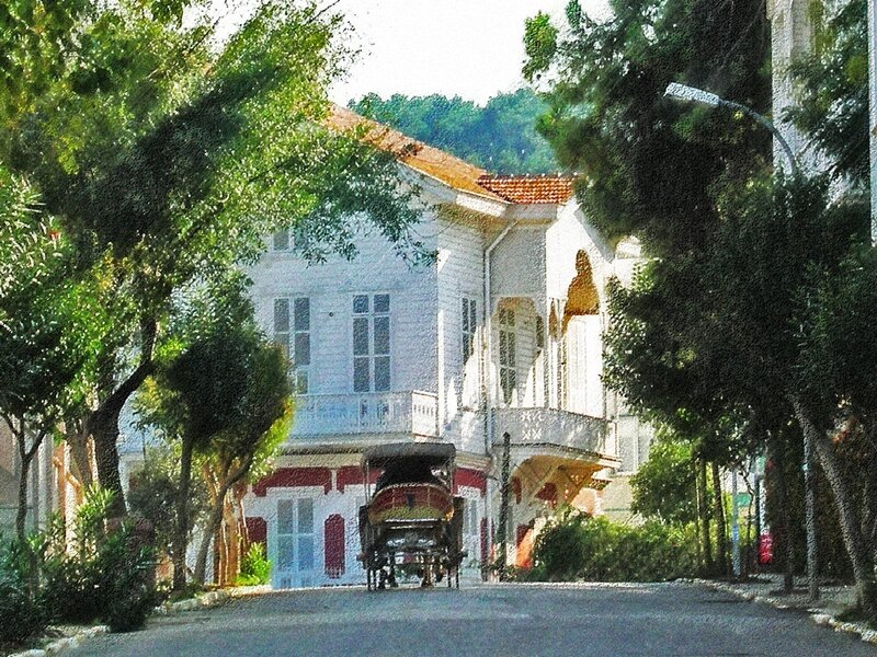 Carriage in front of a colonial house