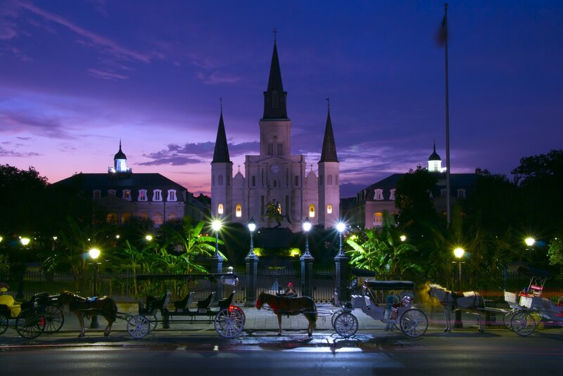 Carriages at dusk in New Orleans