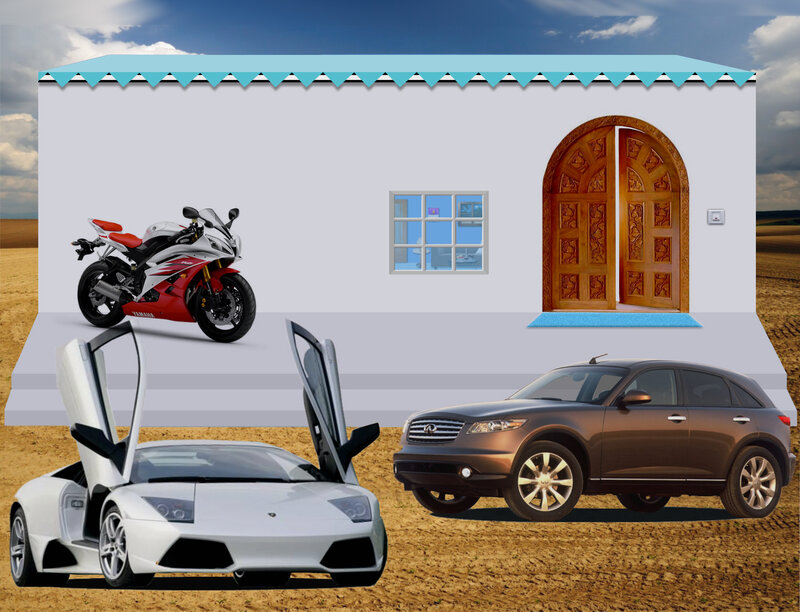 Cars and motorcycle in front of house