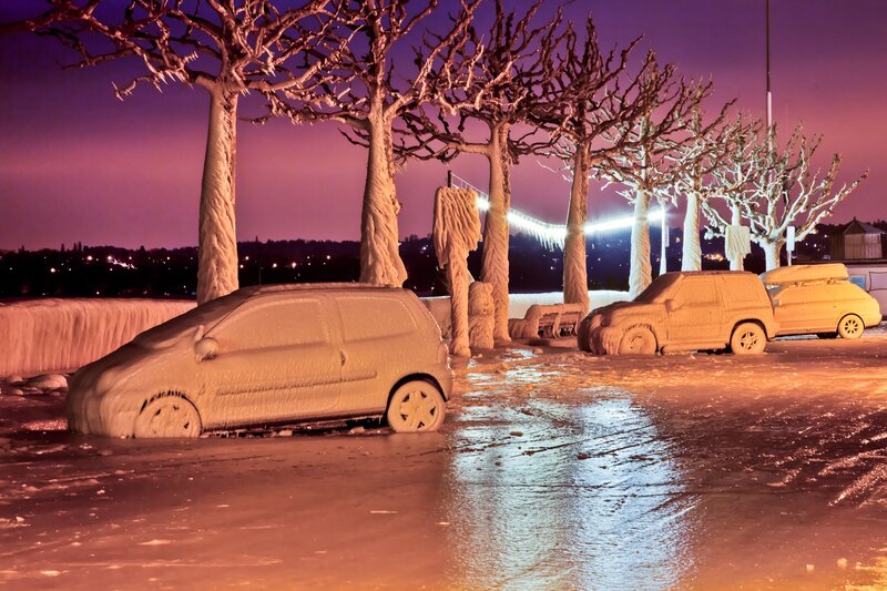 Cars and trees covered in ice