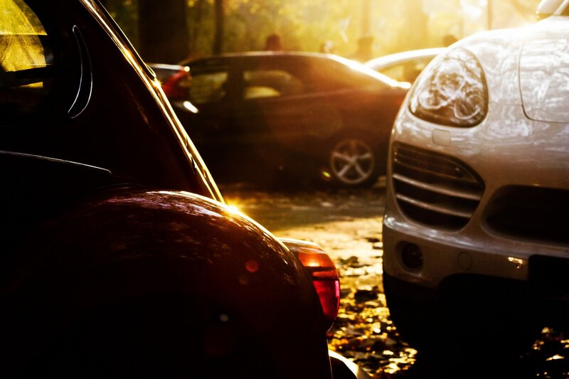 Cars in golden sunlight