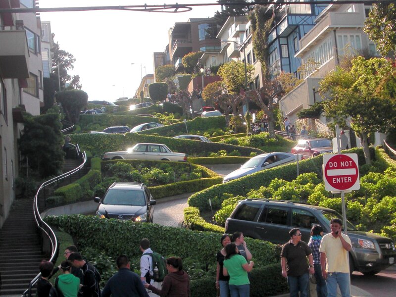 Cars navigating Lombard Street's curves