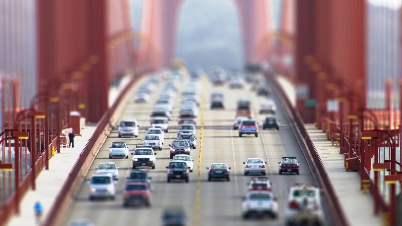 Cars on a Bridge — Red, Busy